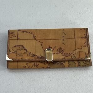 Alviero Martini Leather Wallet 7.5" Geo Classic Map Gold Clip Closure